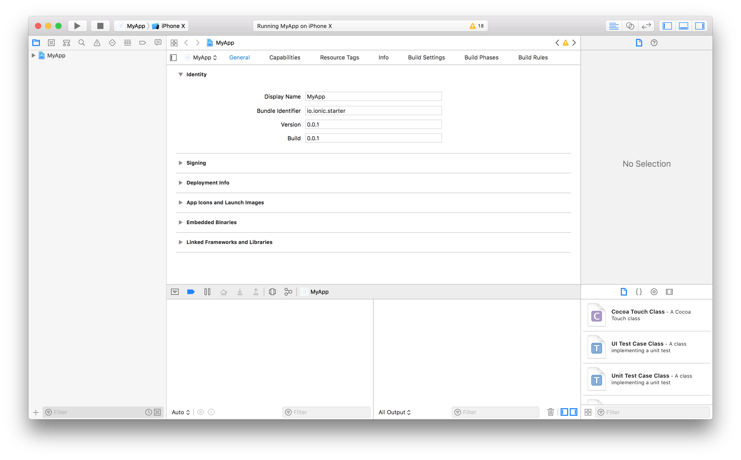 Xcodeで表示されるiOSアプリのIdentityセクションには、表示名、バンドル識別子、バージョン、ビルドのフィールドがあります。
