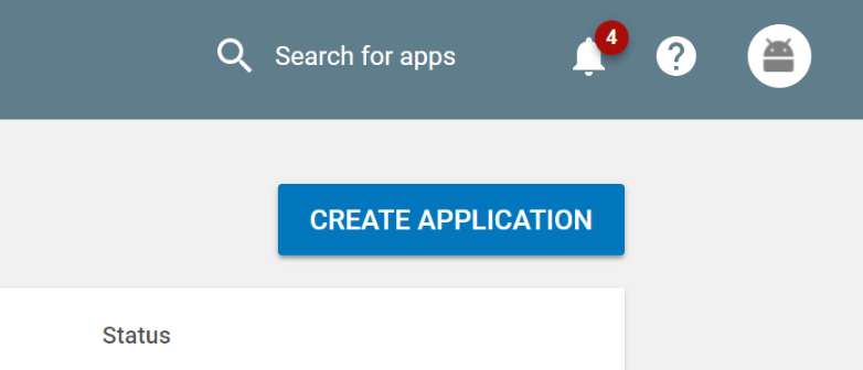 Google Playストアのアプリケーション作成ボタン 「CREATE APPLICATION」ボタンがハイライトされている Google Play ストア デベロッパー コンソール。